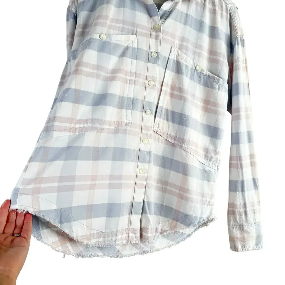 Free People Loveland Plaid Button Down Shirt Top White Pastel Pink Blue, Size XS